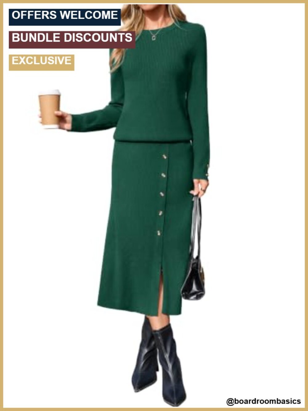 Cozy Knit 2 Piece Skirt Set with Side Button Midi Skirt